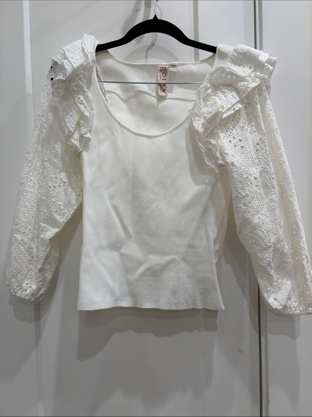 dolan White Eyelet Ruffle Sleeve Top